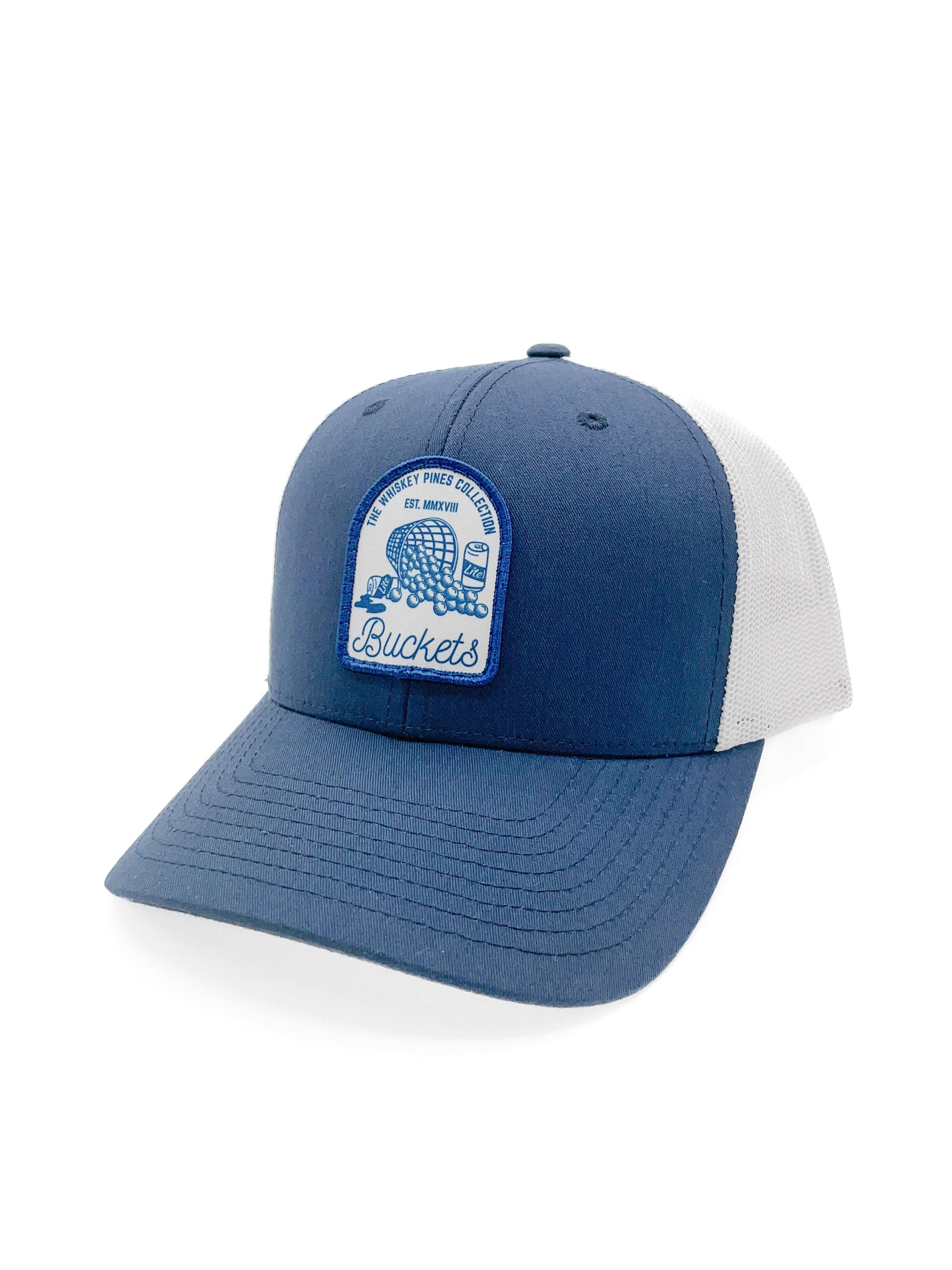 "Buckets" Trucker Hat: Golf, Beer, and Practice: Smoke Blue/White