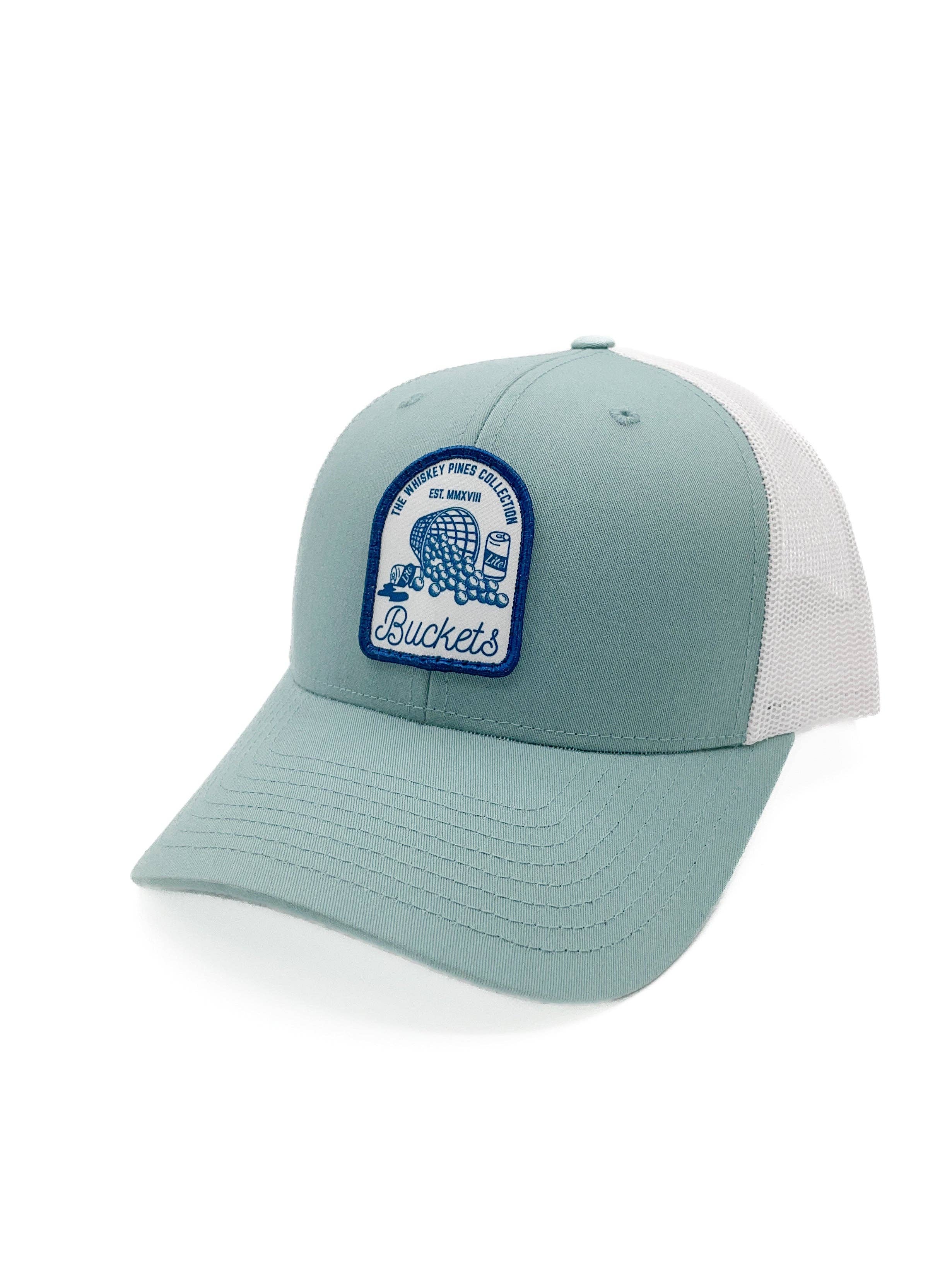 "Buckets" Trucker Hat: Golf, Beer, and Practice: Smoke Blue/White