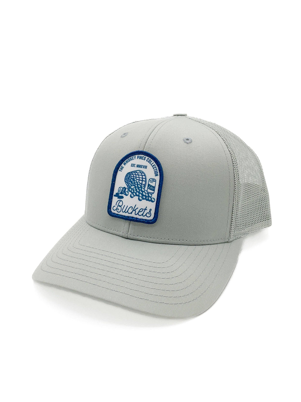 "Buckets" Trucker Hat: Golf, Beer, and Practice: Smoke Blue/White