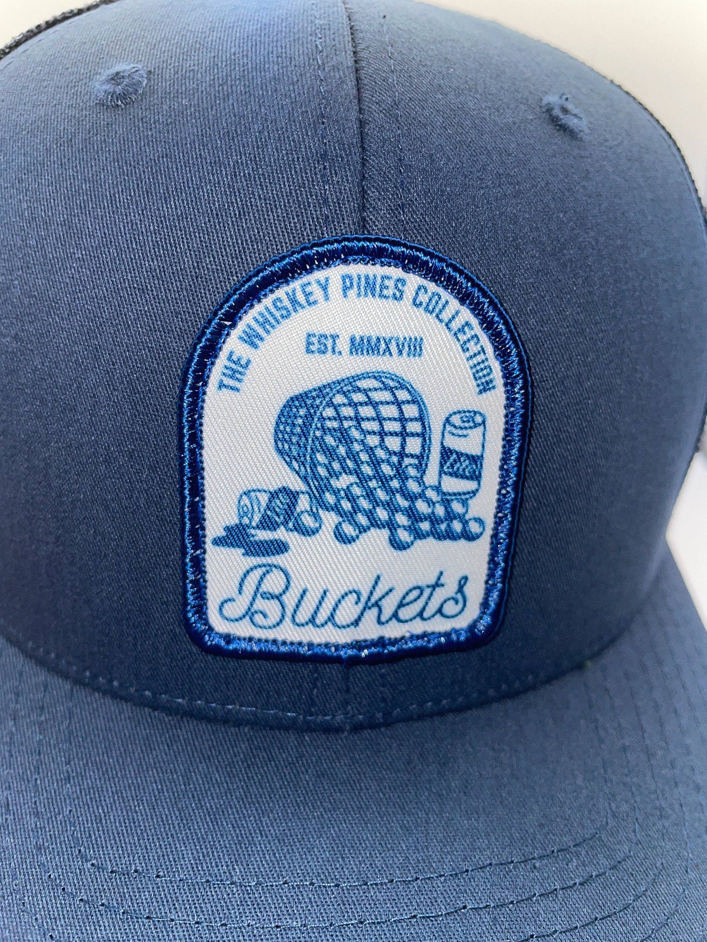 "Buckets" Trucker Hat: Golf, Beer, and Practice: Smoke Blue/White