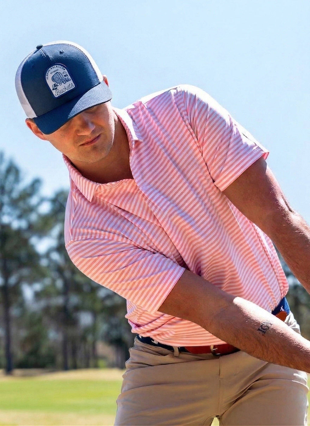 "Buckets" Trucker Hat: Golf, Beer, and Practice: Smoke Blue/White