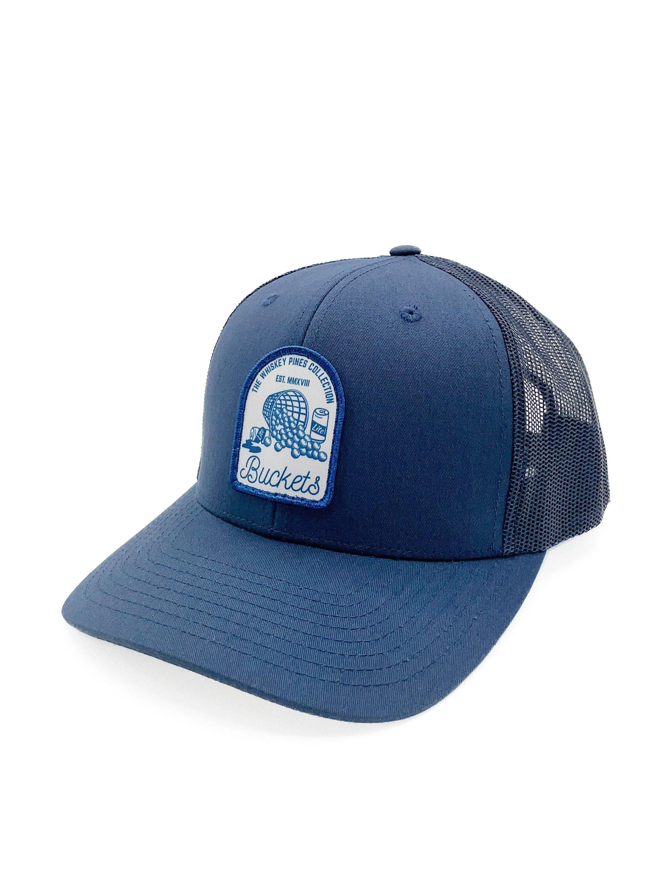 "Buckets" Trucker Hat: Golf, Beer, and Practice: Smoke Blue/White